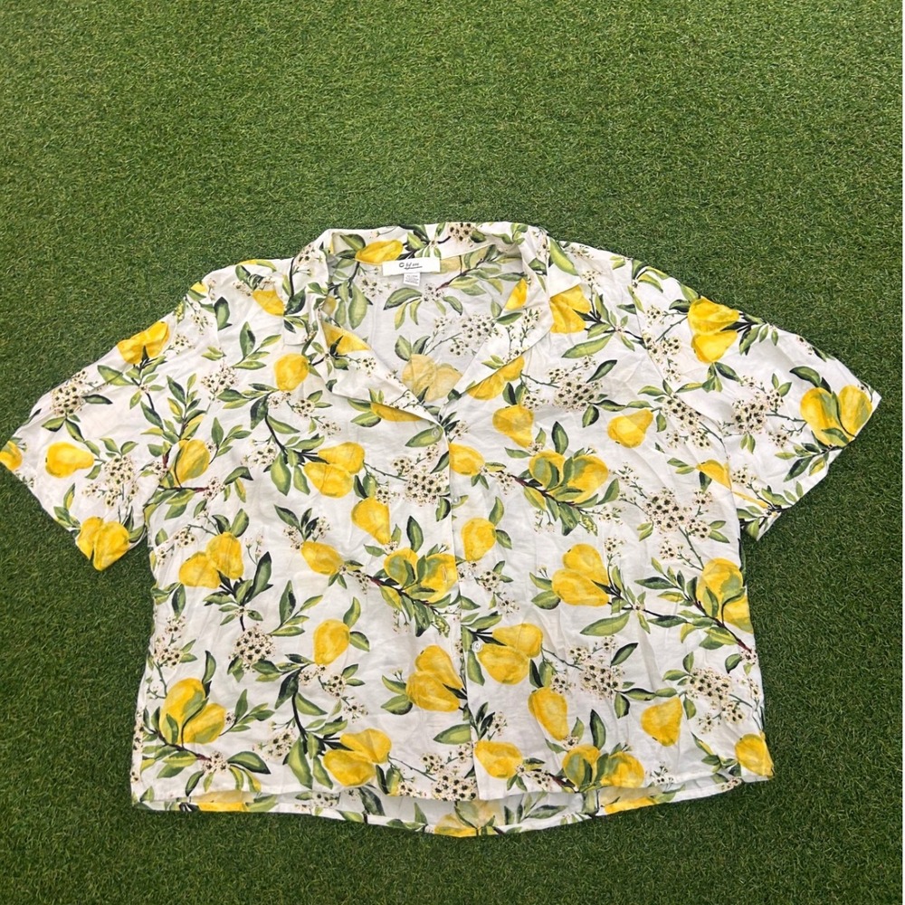C by One Lemon Print Button Down Short Sleeve Blouse White Yellow XL/TG